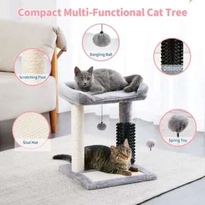 Compact multi functional cat tree with sisal scratching post grooming brush perch scratching mat and interactive toys