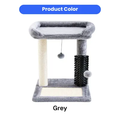 Grey compact multifunctional cat tree with plush perch scratching post grooming brush sisal mat and cat toys