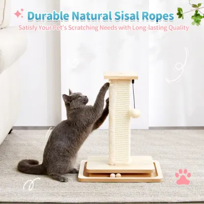 Gray cat scratching durable natural sisal covered post with interactive toy base