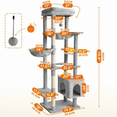 70.9 inch 180cm tall cat tree dimensions with platforms hammock condo perch and scratching posts