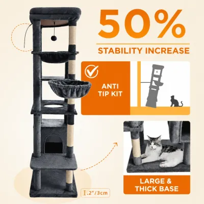 Stable tall cat tree with anti tip kit thick base hammock scratching posts and enclosed cat condo