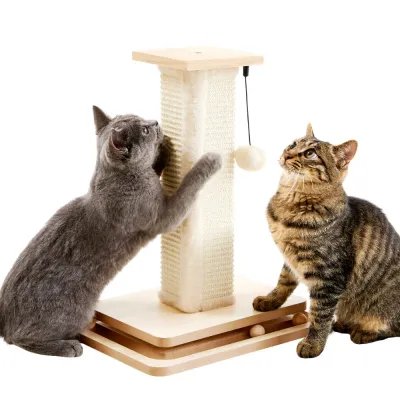 Two cats playing with beige sisal scratching post featuring hanging plush ball and trackball base