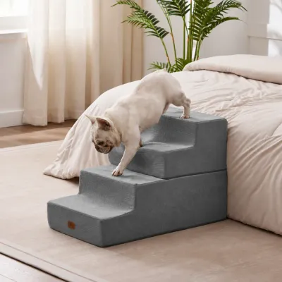 Grey Dog Stairs for High Bed Access French Bulldog walking down grey 4 step foam dog stairs beside a bedroom bed