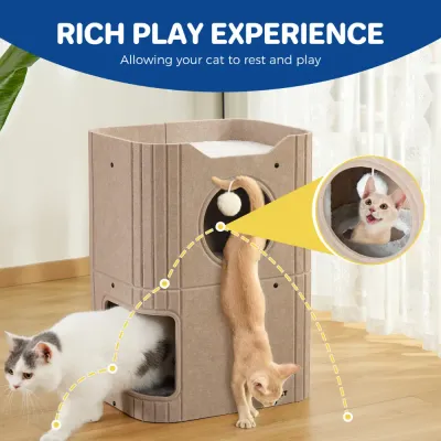High Density Felt Cat House with Hanging Ball Close-up of beige felt cat house with high-density felt soft bed hanging ball and pass-through hole