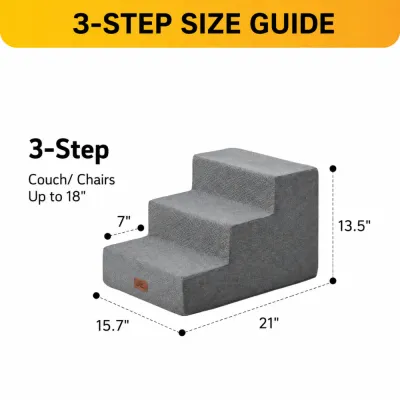 3 Step Dog Stairs Size Guide 21 x 15.7 x 13.5 Inches Grey 3 step dog stairs measuring 21 inches long 15.7 inches wide and 13.5 inches high with 7 inch steps