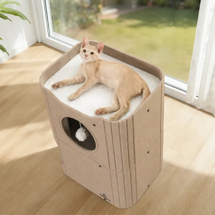 Indoor Felt Cat Condo with Top Resting Bed Beige two-level felt cat condo with cat resting on the soft top bed beside a window