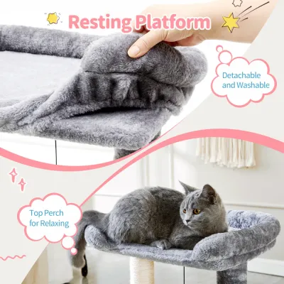 Grey cat tree with soft removable plush top perch for cats resting and relaxing