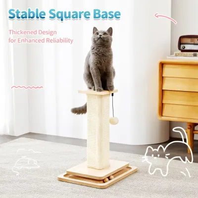 Cat sitting on interactive scratching post featuring a thick stable rectangular base and hanging plush ball