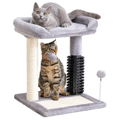 Two cats using grey cat tree with scratching post plush perch grooming brush and spring toy