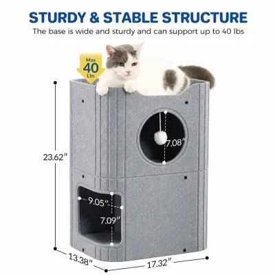 Sturdy Felt Cat Condo Dimensions and 40 lb Capacity Grey felt cat condo measuring 23.62 inches high with sturdy base supporting cats up to 40 lbs