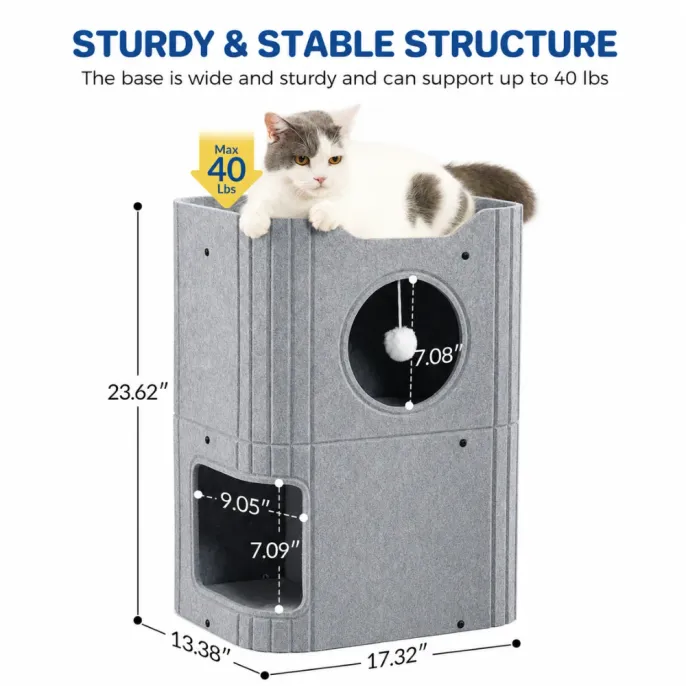 Sturdy Felt Cat Condo Dimensions and 40 lb Capacity Grey felt cat condo measuring 23.62 inches high with sturdy base supporting cats up to 40 lbs