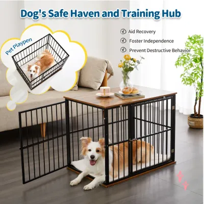 Indoor Dog Crate and Training Playpen Furniture Indoor dog crate furniture with open side panel used as a pet playpen and training space
