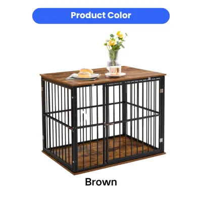 Brown Furniture Style Dog Crate with Wooden Top Brown furniture style dog crate with wooden tabletop and black metal frame for indoor use