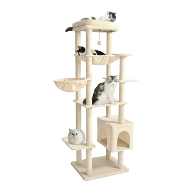 Beige tall cat tree for multiple cats with top bed hammock platforms scratching posts and enclosed condo