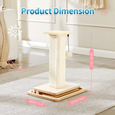 Cat scratching post measuring 18.1 inches high with 14.6 by 11.4 inch rectangular base