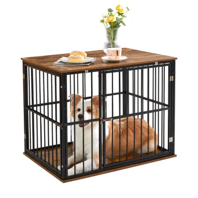 Indoor Furniture Dog Crate for Medium Dogs Medium dog resting inside brown wooden dog crate furniture with black metal frame and double doors
