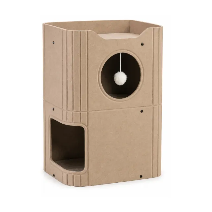 Beige Two Level Felt Cat House with Scratching Surface Beige two-level felt cat house with round entrance hanging ball and large lower hideaway