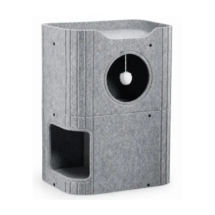 Grey Two Level Felt Cat Condo Scratcher Grey two-level felt cat condo with round upper entrance and spacious lower hideaway