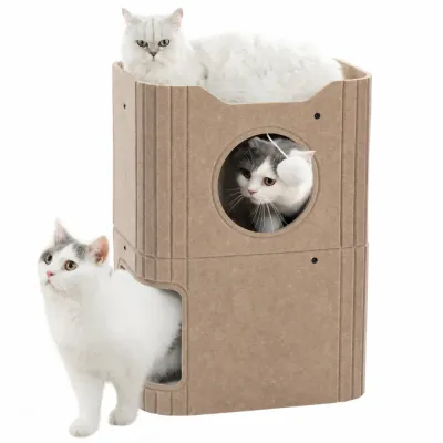 Grey Two Level Felt Cat Condo Scratcher Grey two-level felt cat condo with round upper entrance and spacious lower hideaway