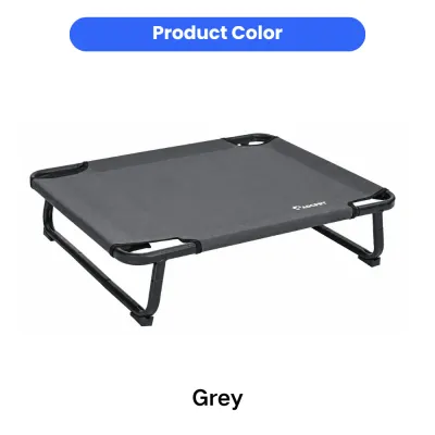 Grey raised dog bed with breathable mesh fabric and black metal frame