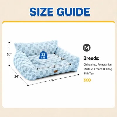 Medium plush sofa dog bed size 32 by 24 by 10 inches for dogs up to 22 lbs