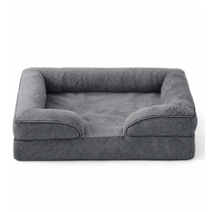 Grey orthopedic dog bed with plush sleeping area raised bolsters and low front entrance