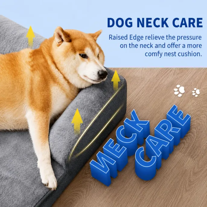 Dog resting on orthopedic bolster dog bed with raised padded edges for neck and head support