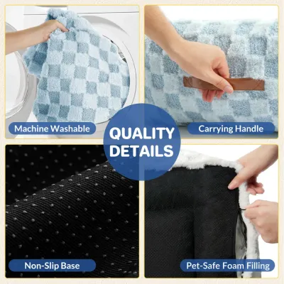 Washable plush dog bed with carrying handle non slip base and pet safe foam filling
