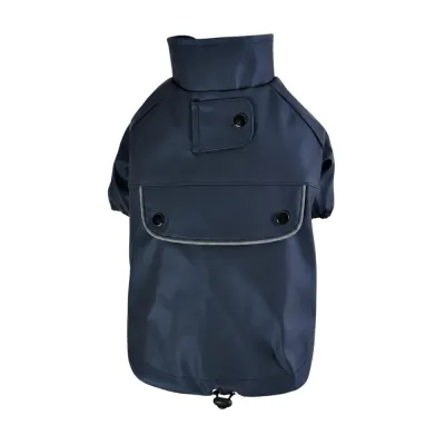 Navy PU Dog Raincoat with Reflective Trim Navy PU dog raincoat with high collar reflective trim snap details and adjustable hem on white background