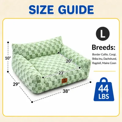 Large dog sofa bed size guide showing 38 by 29 by 10 inch overall dimensions and 23 by 20 inch sleeping area