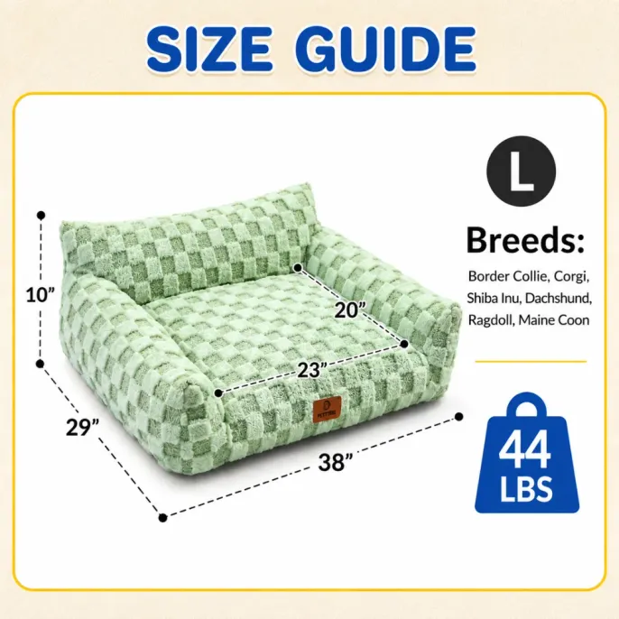 Large Dog Sofa Bed Size Guide 38 x 29 Inches Large dog sofa bed size guide showing 38 by 29 by 10 inch overall dimensions and 23 by 20 inch sleeping area