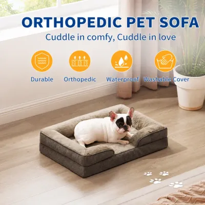 Orthopedic Pet Sofa Bed for Dogs French Bulldog resting on orthopedic pet sofa bed with washable waterproof cover