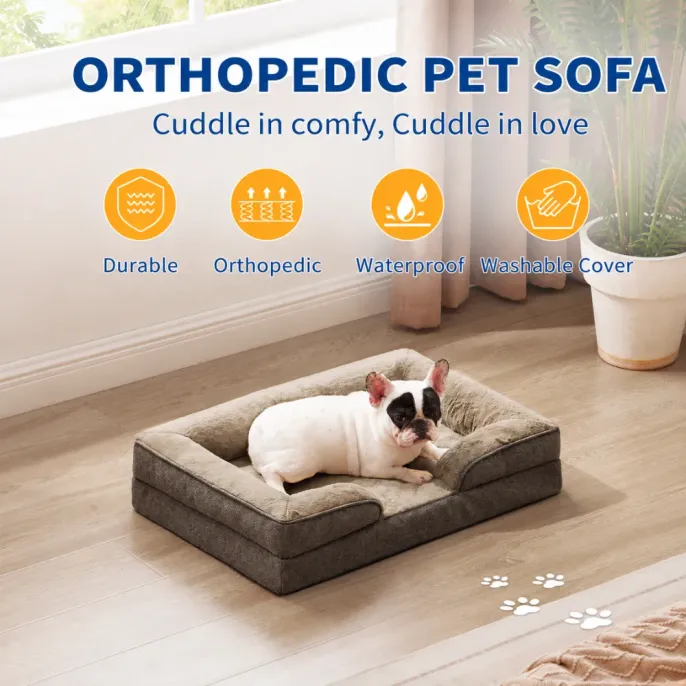 Orthopedic Pet Sofa Bed for Dogs French Bulldog resting on orthopedic pet sofa bed with washable waterproof cover