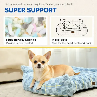 Supportive sofa dog bed with high density foam and raised bolsters for head neck and back support
