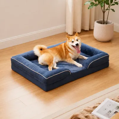 Dog relaxing on large blue orthopedic bolster dog bed in a modern living room
