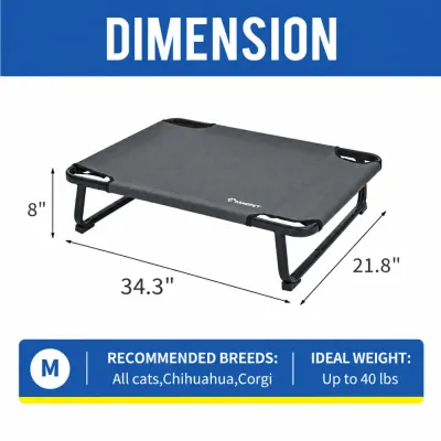 Medium elevated dog bed measuring 34.3 by 21.8 by 8 inches for cats and small dogs up to 40 lbs