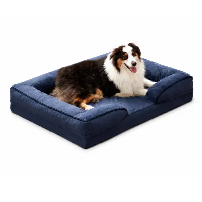 Large Navy Orthopedic Dog Bed for Comfortable Rest Large dog lying on navy orthopedic dog bed with raised supportive bolsters