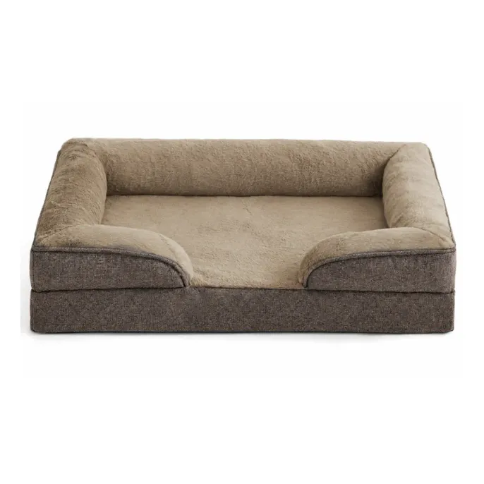 Brown orthopedic bolster dog bed with soft plush interior and raised padded sides