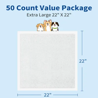 50 count puppy training pads measuring 22 by 22 inches for dogs