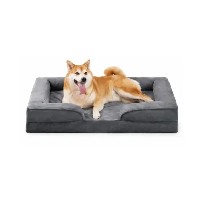 Grey Orthopedic Dog Bed for Medium and Large Dogs Medium size dog lying comfortably on grey orthopedic bolster dog bed with raised sides