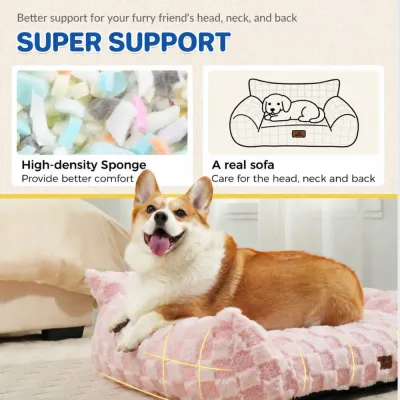 Supportive dog sofa bed with raised sides and high density foam for head neck and back comfort