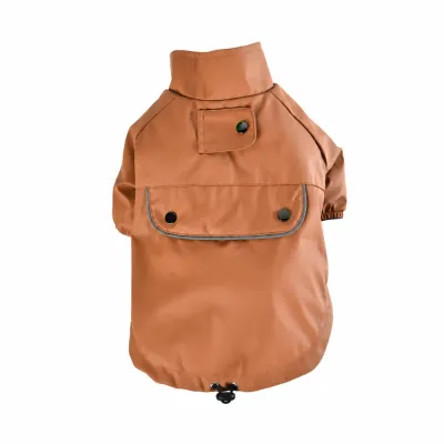 Brown PU Dog Raincoat with Pocket Brown PU dog raincoat with high collar front pocket and adjustable hem