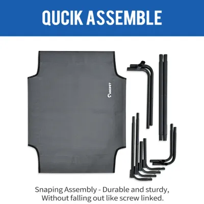 Elevated dog bed components with breathable mesh cover and snap fit metal frame for quick assembly