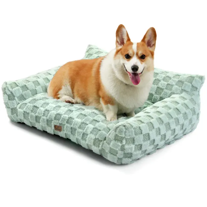 Large Plush Dog Sofa Bed with Corgi Corgi sitting on green large plush dog sofa bed with raised supportive sides