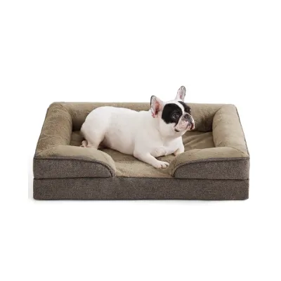 Orthopedic Dog Bed with French Bulldog French Bulldog lying in brown orthopedic bolster dog bed with plush sleeping surface