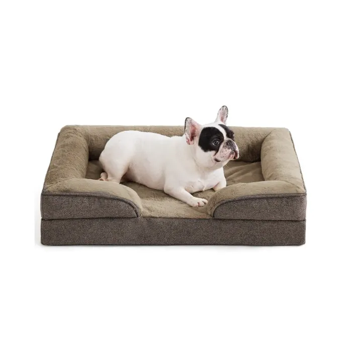 Orthopedic Dog Bed with French Bulldog French Bulldog lying in brown orthopedic bolster dog bed with plush sleeping surface