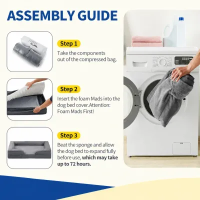 Washable Orthopedic Dog Bed Assembly Guide Three step assembly guide for orthopedic dog bed with removable washable cover and foam insert