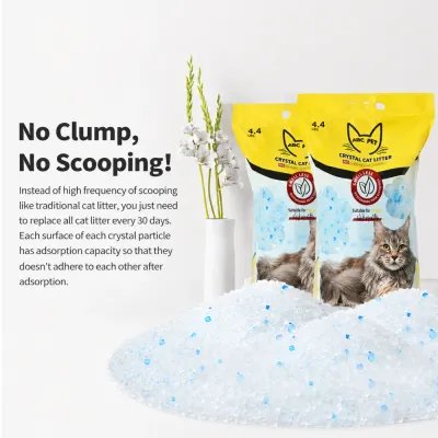 Non clumping crystal cat litter with silica granules and 4.4 lb bags designed for less frequent litter replacement