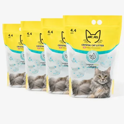 Four 4.4 lb bags of crystal cat litter with silica gel granules for odor control and everyday cat litter boxes