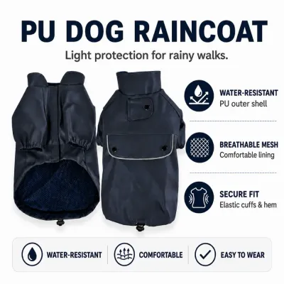 PU Dog Raincoat with Water Resistant Shell and Mesh Lining Navy PU dog raincoat with water resistant outer shell breathable mesh lining elastic cuffs and adjustable hem